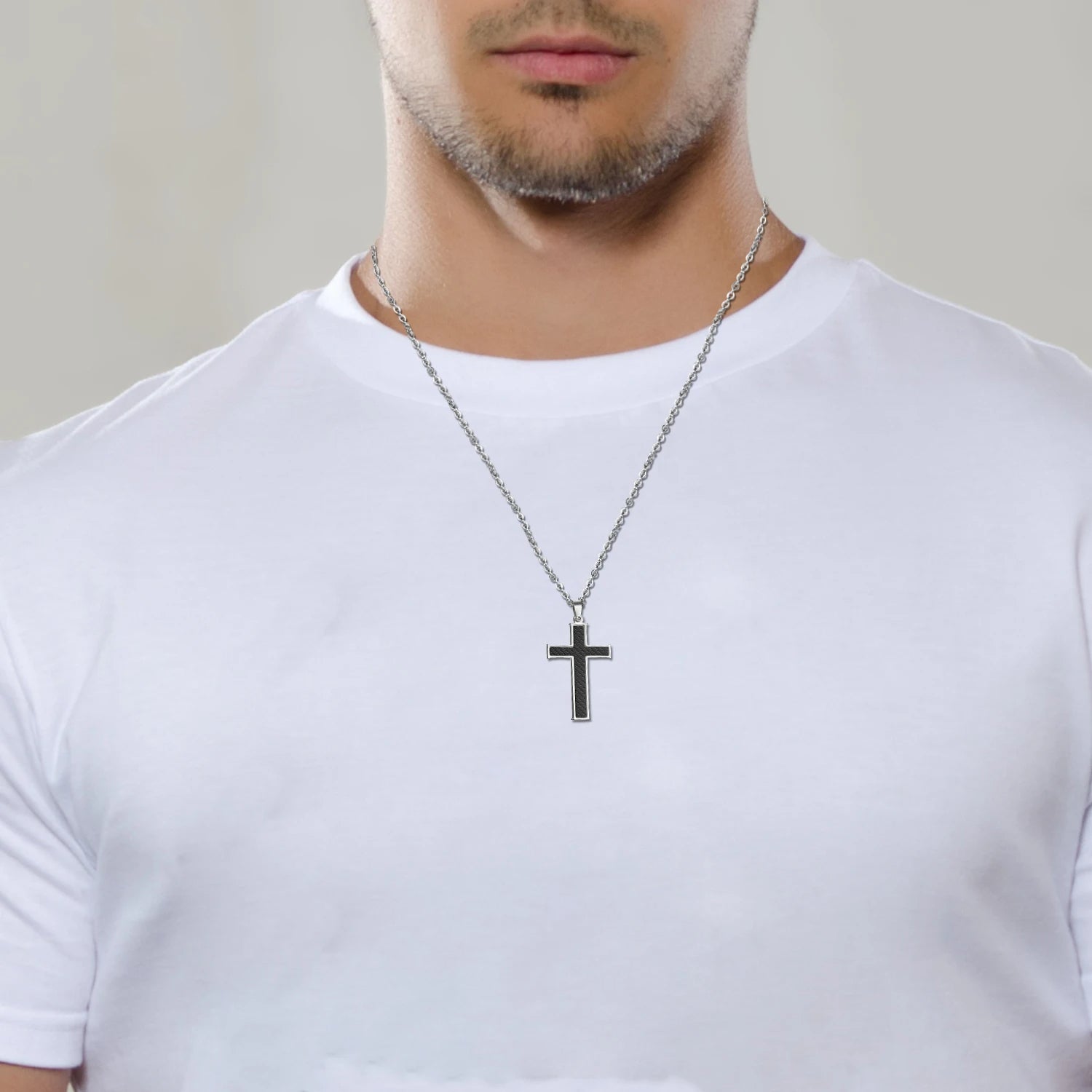 Carbon Fiber Stainless Steel Men Cross Necklace Pendant, Black Silver, 24 inch Chain
