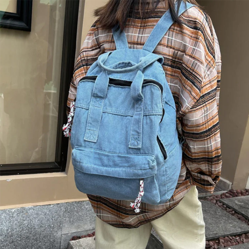 Vintage Blue Denim with Drawstring Backpack for Girls-Denim Backpacks-Innovato Design-Light Blue-Innovato Design