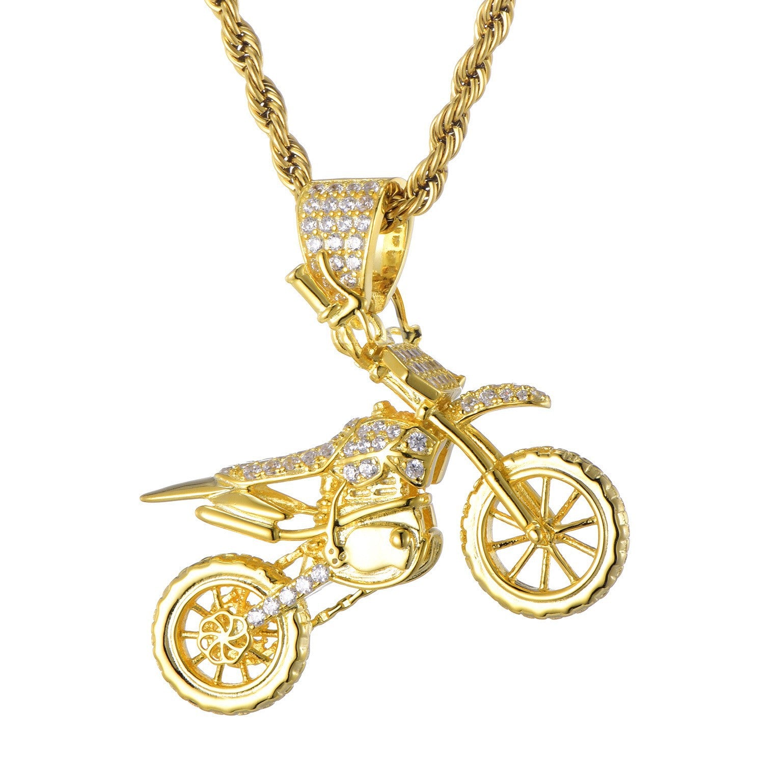 Cubic-Zirconia-Studded Motorcycle Bling Rope Chain Hip-hop Pendant Necklace