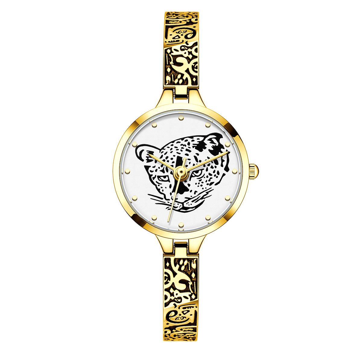 Waterproof Leopard Shining Cubic-Zirconia-Studded Stainless Steel Band Fashion Hip-hop Quartz Watch