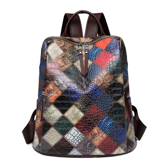Multi-color Leather Backpack with Embossed Patterns on Patchwork Design