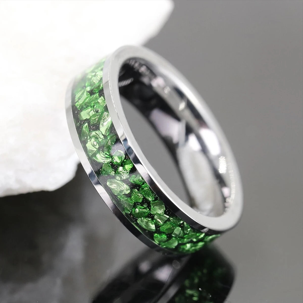 6mm Dual Black and Green Emerald Inlay Tungsten Carbide Ring