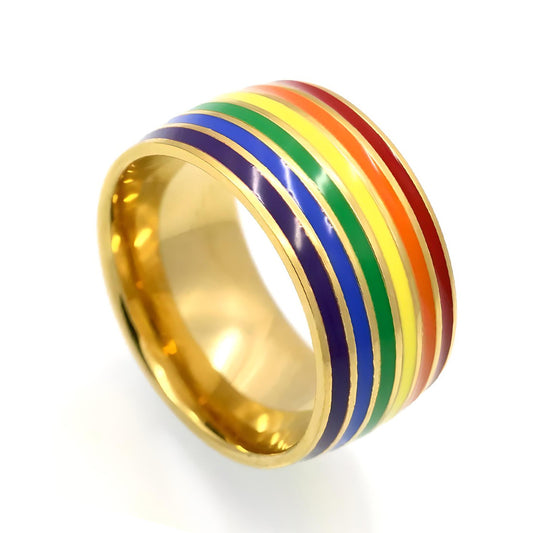 10mm Stainless Steel Gold Plated Rainbow Enamel Wedding Promise Band Ring-Rings-Innovato Design-6-Innovato Design