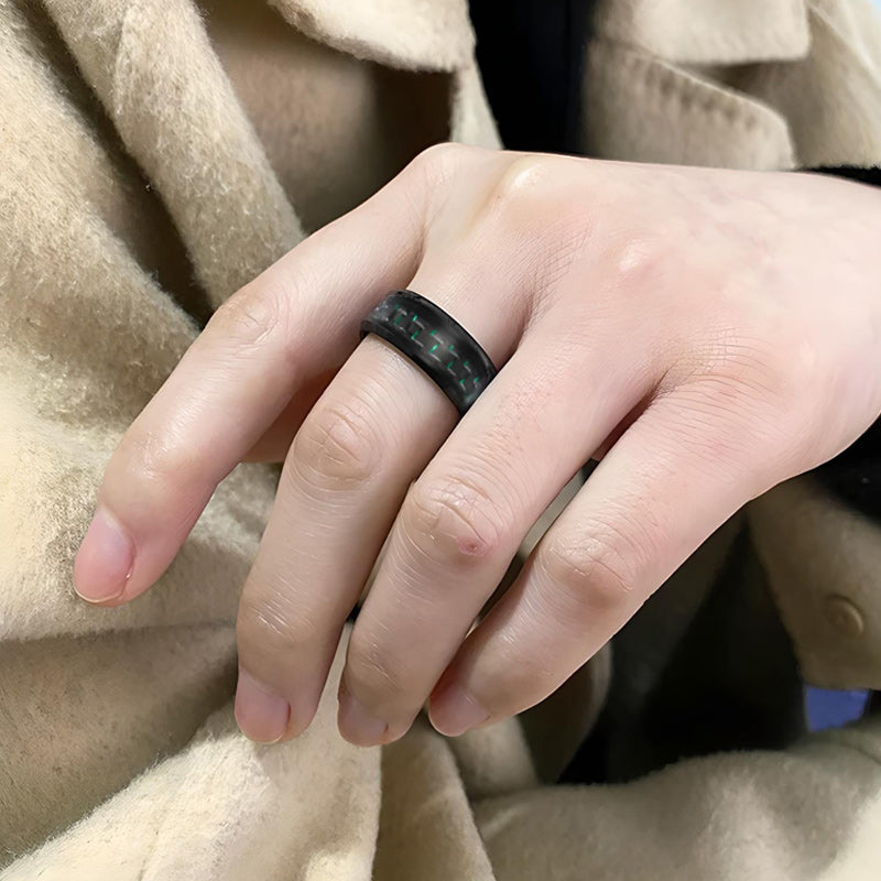 8MM Men's Titanium Ring Wedding Band Black Plated with Black and Green Carbon Fiber Inlay Beveled Edges-Rings-Innovato Design-7-Innovato Design