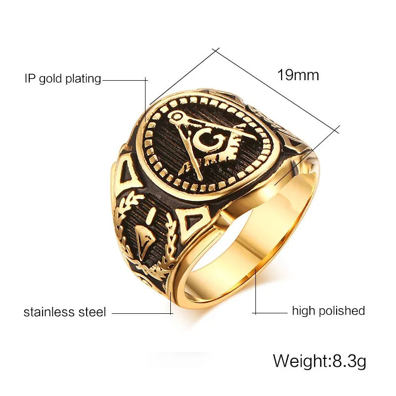 Bizonmark Rings Stainless Steel Gold Plated Vintage Freemason Symbol Masonic Rings Ban ...