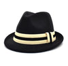 Flanged Manhattan Structured Wool Trilby Hat with Black and White Striped Hatband