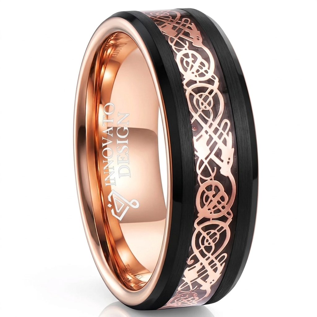 DRAGON 8mm Rose Gold Celtic Dragon Inlay Black Tungsten Wedding Ring Band Comfort Fit