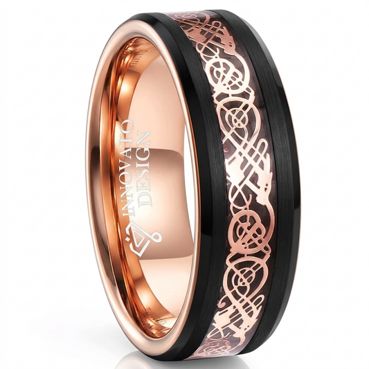 DRAGON 8mm Rose Gold Celtic Dragon Inlay Black Tungsten Wedding Ring Band Comfort Fit