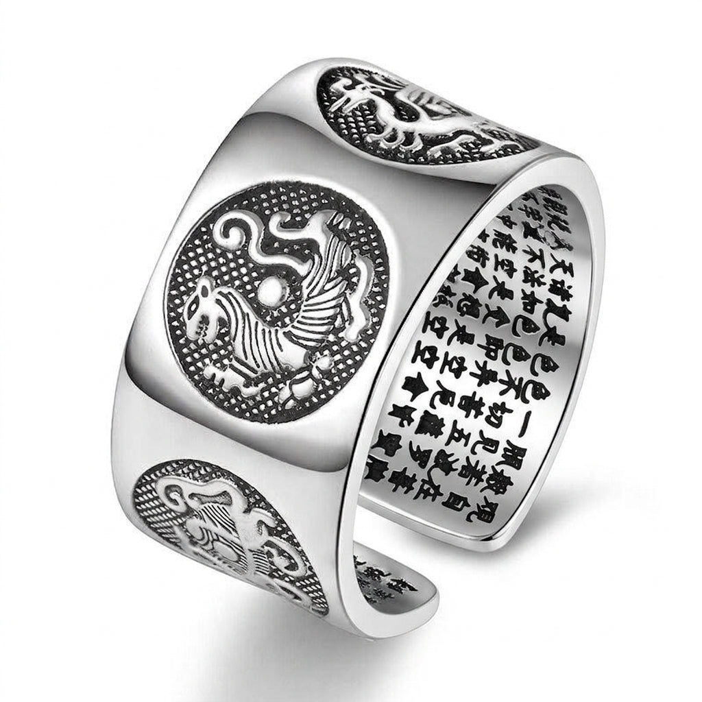 Chinese Four Mythical Creatures 999 Genuine Silver Adjustable Ring