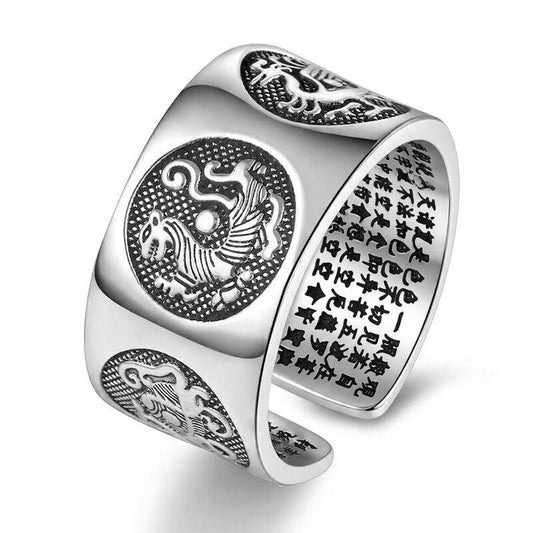 Chinese Four Mythical Creatures 999 Genuine Silver Adjustable Ring