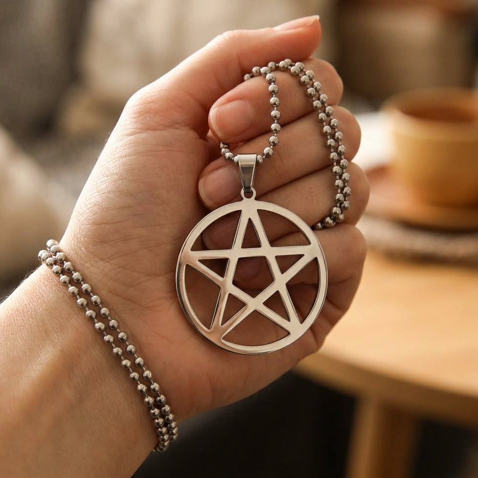Men's Stainless Steel Pendant Necklace Silver Tone Pentagram Pentacle Star -With 23 Inch Chain