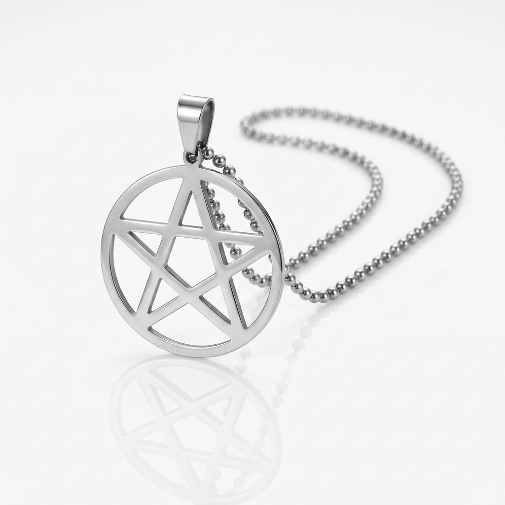 Men's Stainless Steel Pendant Necklace Silver Tone Pentagram Pentacle Star -With 23 Inch Chain