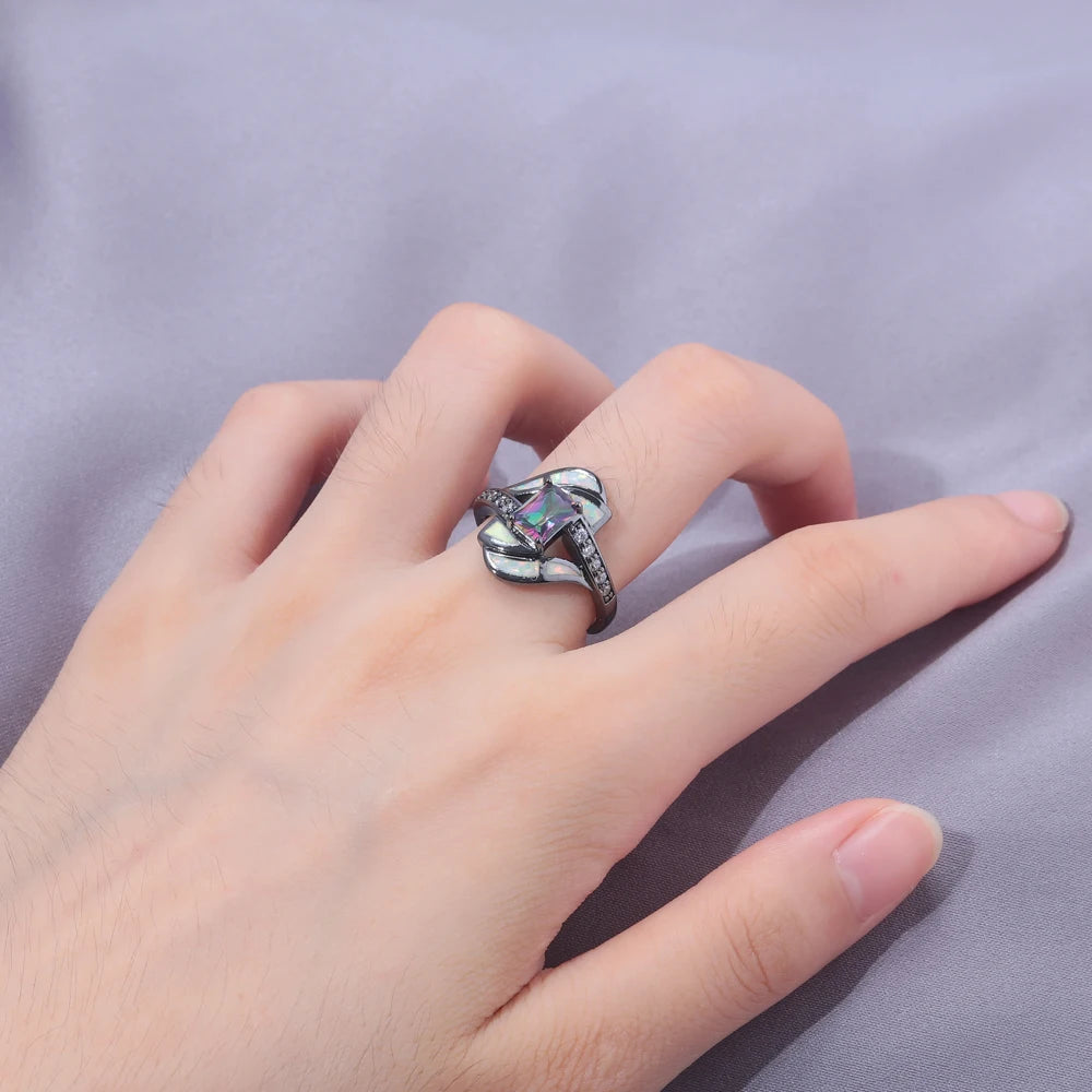 Fire Opal, Flower, Crystal and Cubic Zirconia Punk Wedding Engagement Ring