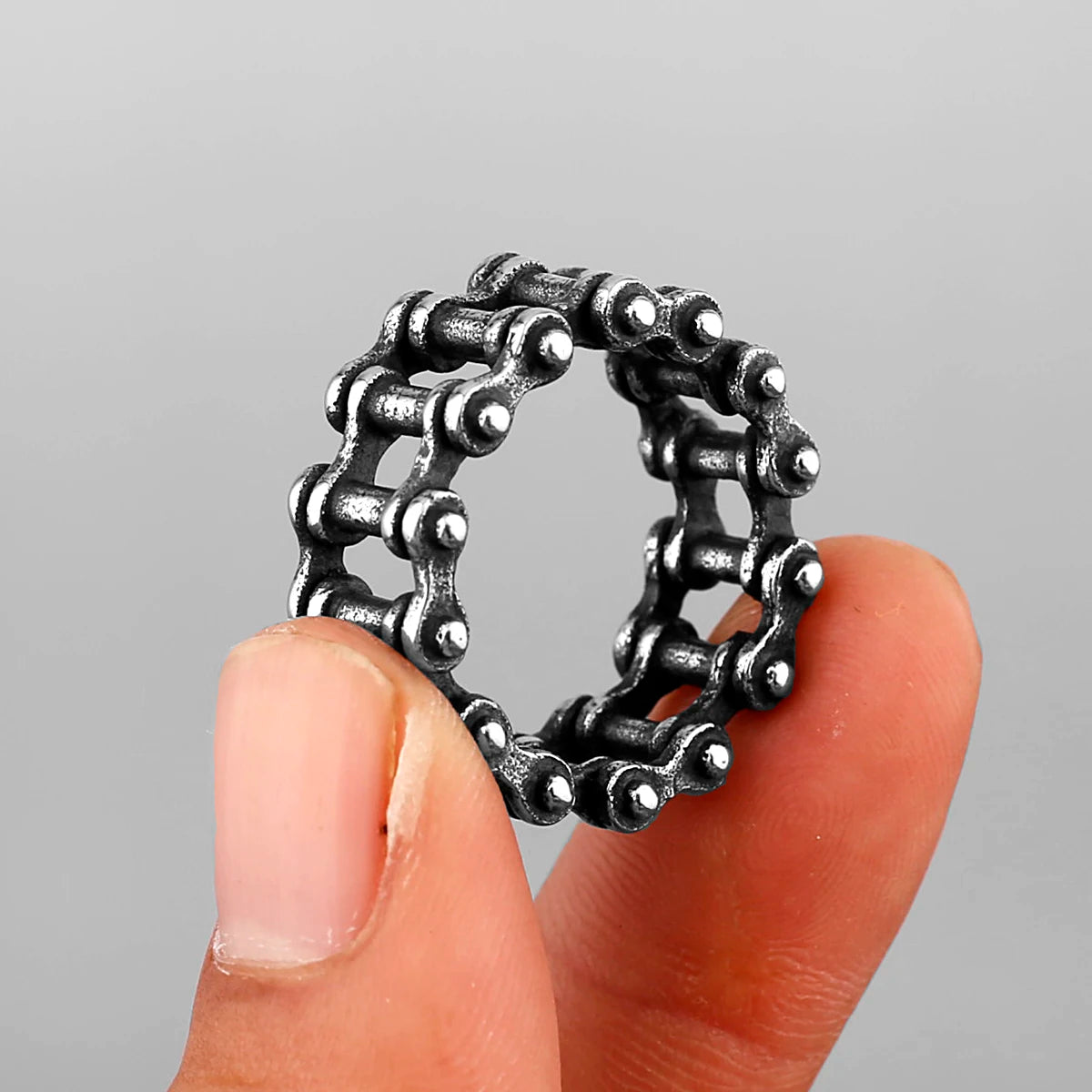Men's Stainless Steel Ring Band Silver Tone Black Bicycle Chain
