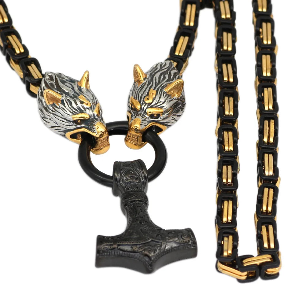 Viking Wolf Head Pendant with Byzantine Chain Necklace