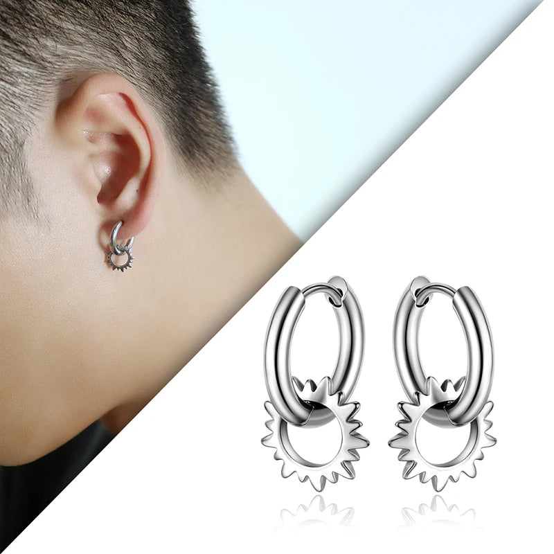 Stainless Steel Men Huggie Gear Hoop Stud Earrings Set