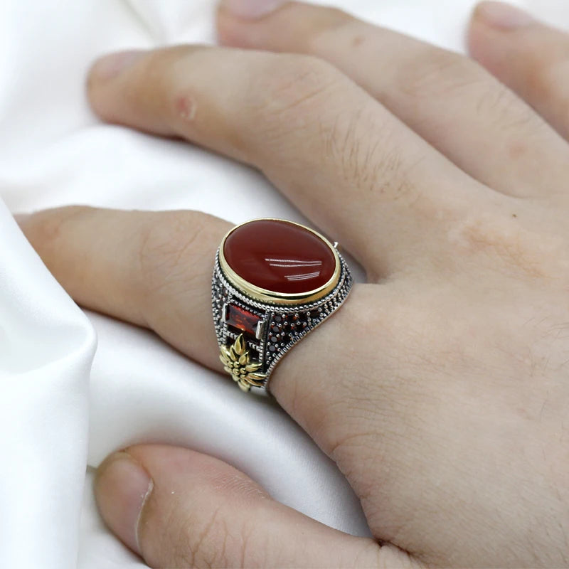 Men 925 Sterling Silver Vintage Nature Red Agate AAA Cubic Zircon Ring