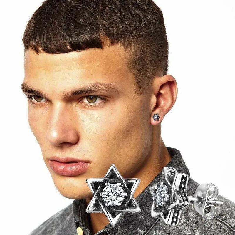 Men's 10mm Stainless Steel Star of David Stud CZ Earrings