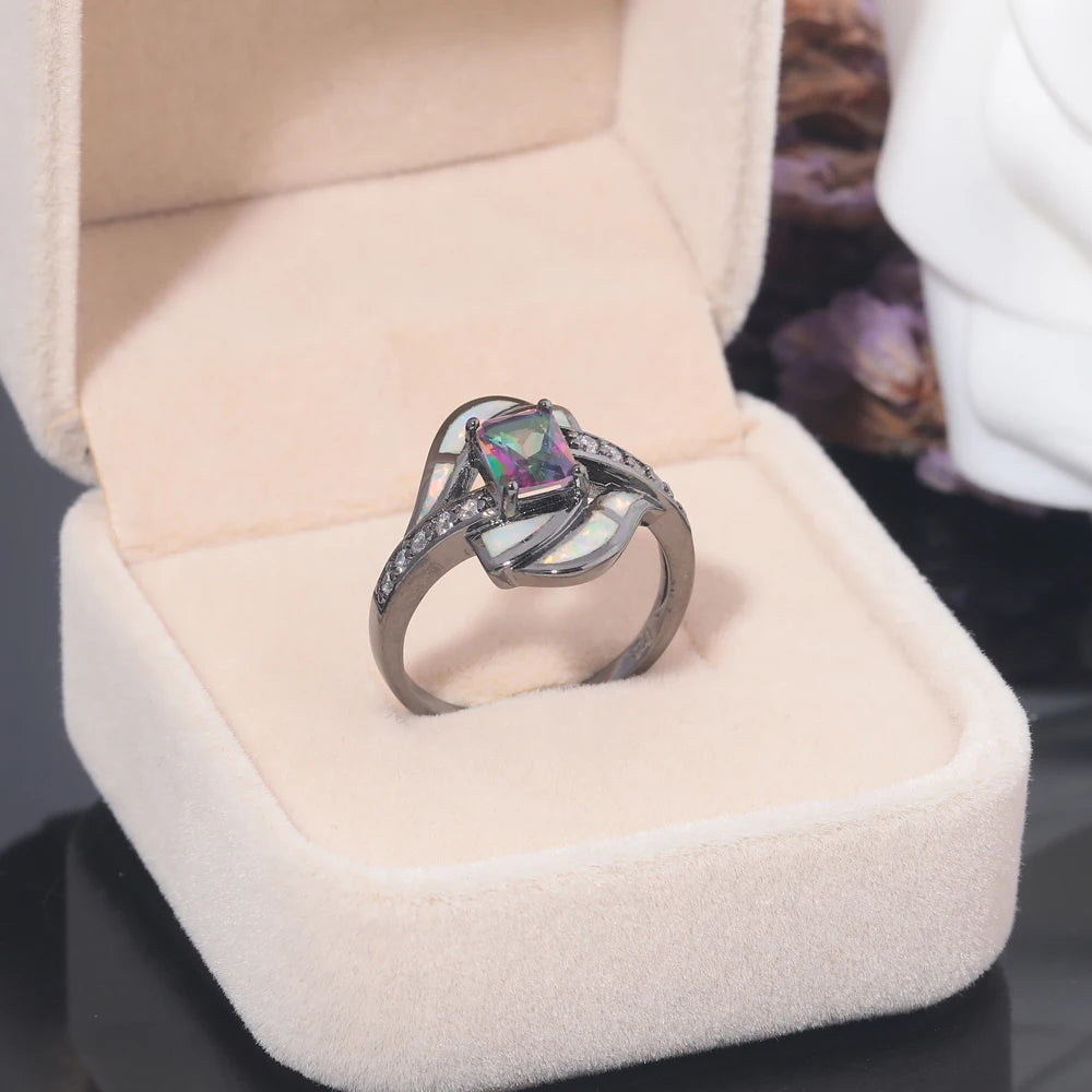 Fire Opal, Flower, Crystal and Cubic Zirconia Punk Wedding Engagement Ring