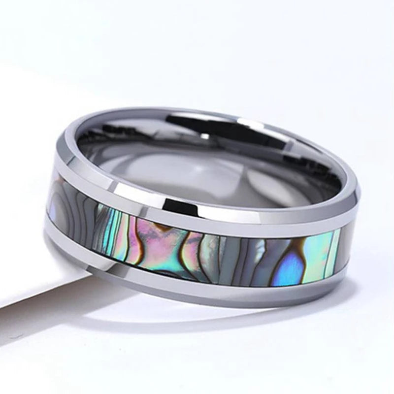 Men's Wide 8mm Tungsten Mother of Pearl Abalone Shell Ring Band Silver Tone Comfort Fit Wedding