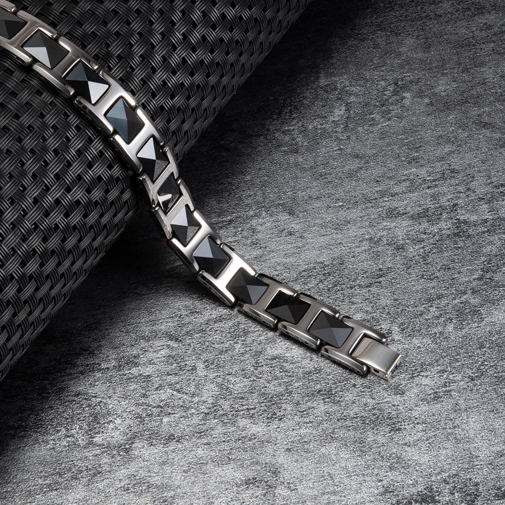 Men Ceramic Bracelet Black & Silver Magnetic Hematite Energy