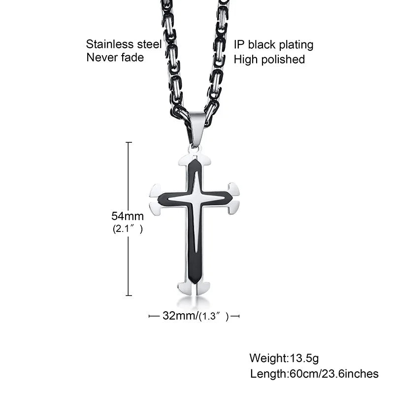Stainless Steel Men Cross Necklace Pendant For Boys Byzantine Chain Black Gold