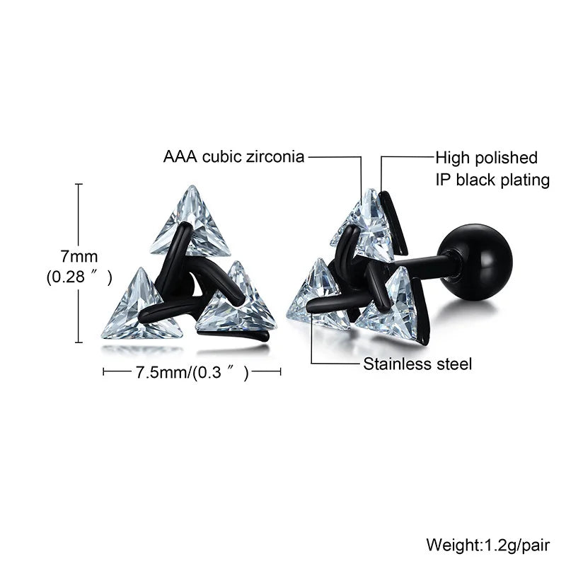 Triangle Stud Stainless Steel Earrings AAA Cubic Zirconia Black