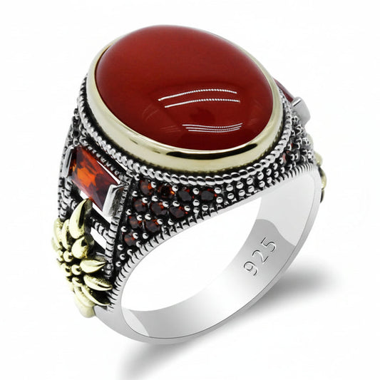 Men 925 Sterling Silver Vintage Nature Red Agate AAA Cubic Zircon Ring