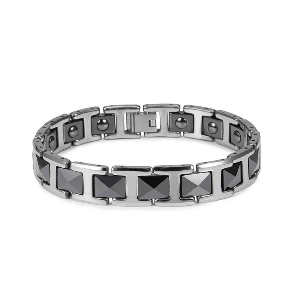 Men Ceramic Bracelet Black & Silver Magnetic Hematite Energy
