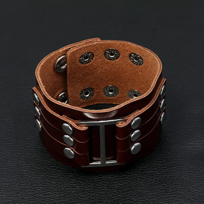 Men's Wide Alloy Genuine Leather Bracelet Bangle Cuff Brown Black Silver Tone Adjustable