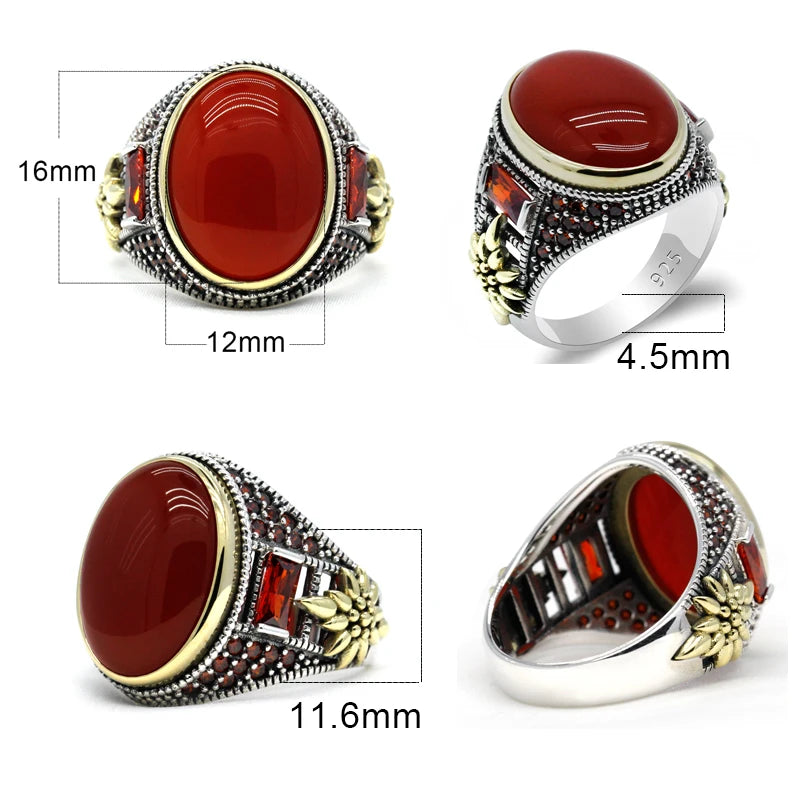Men 925 Sterling Silver Vintage Nature Red Agate AAA Cubic Zircon Ring