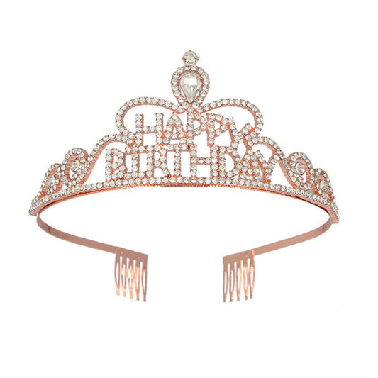 Rose Gold Happy Birthday Crown Rhinestones Tiara Queen Girl Women Party-Crowns-Innovato Design-Innovato Design