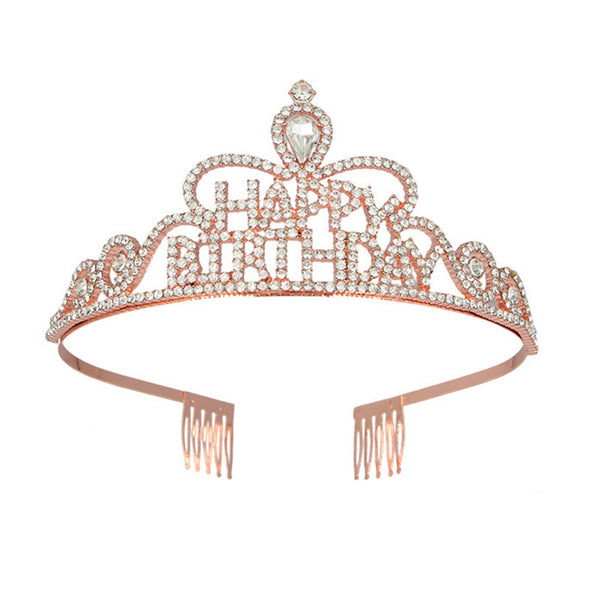Rose Gold Happy Birthday Crown Rhinestones Tiara Queen Girl Women Party