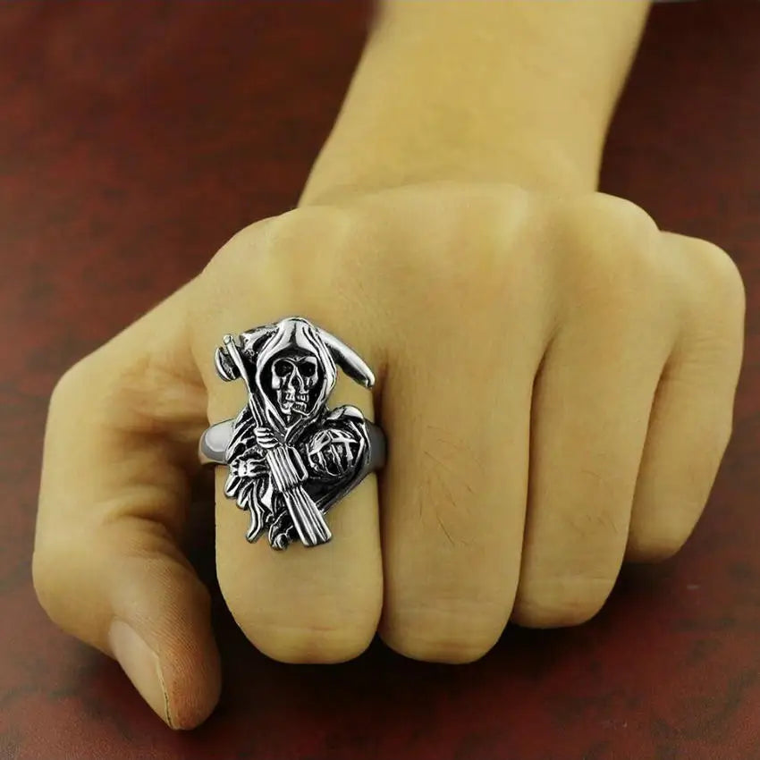 Stainless Steel Band Casted Grim Reaper Skull Biker Men Ring