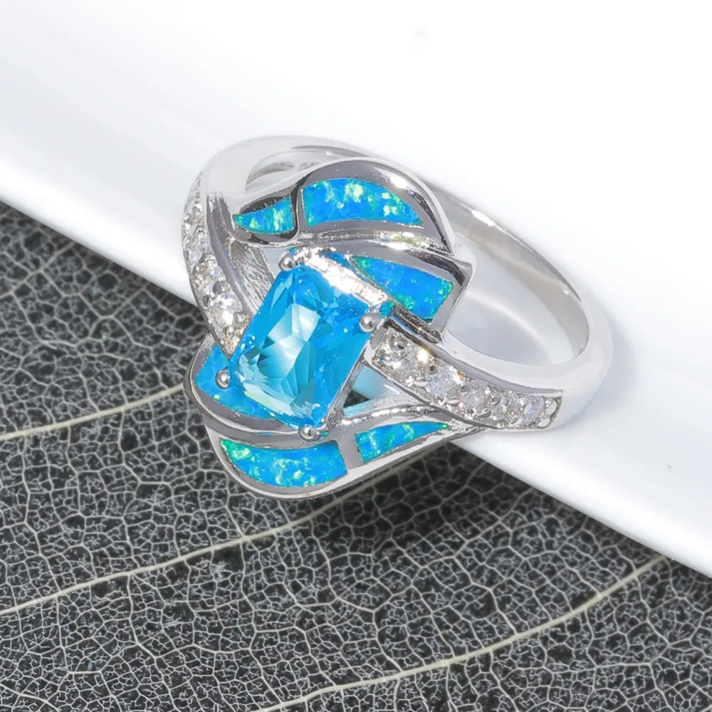 Fire Opal, Flower, Crystal and Cubic Zirconia Punk Wedding Engagement Ring