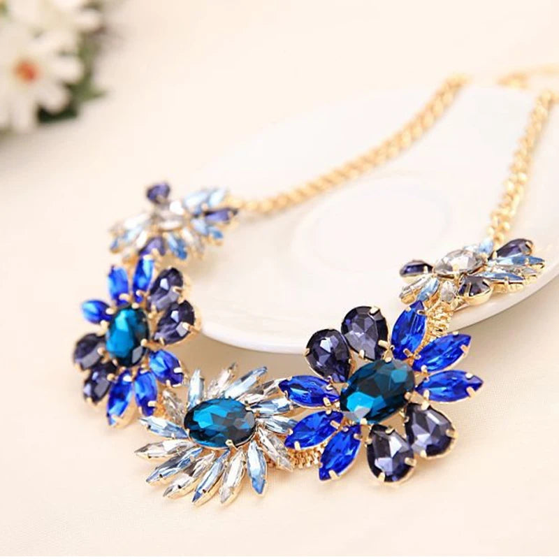 Fashion Charm Colorful Rhinestones Crystal Stone Flower Statement Bib Necklace