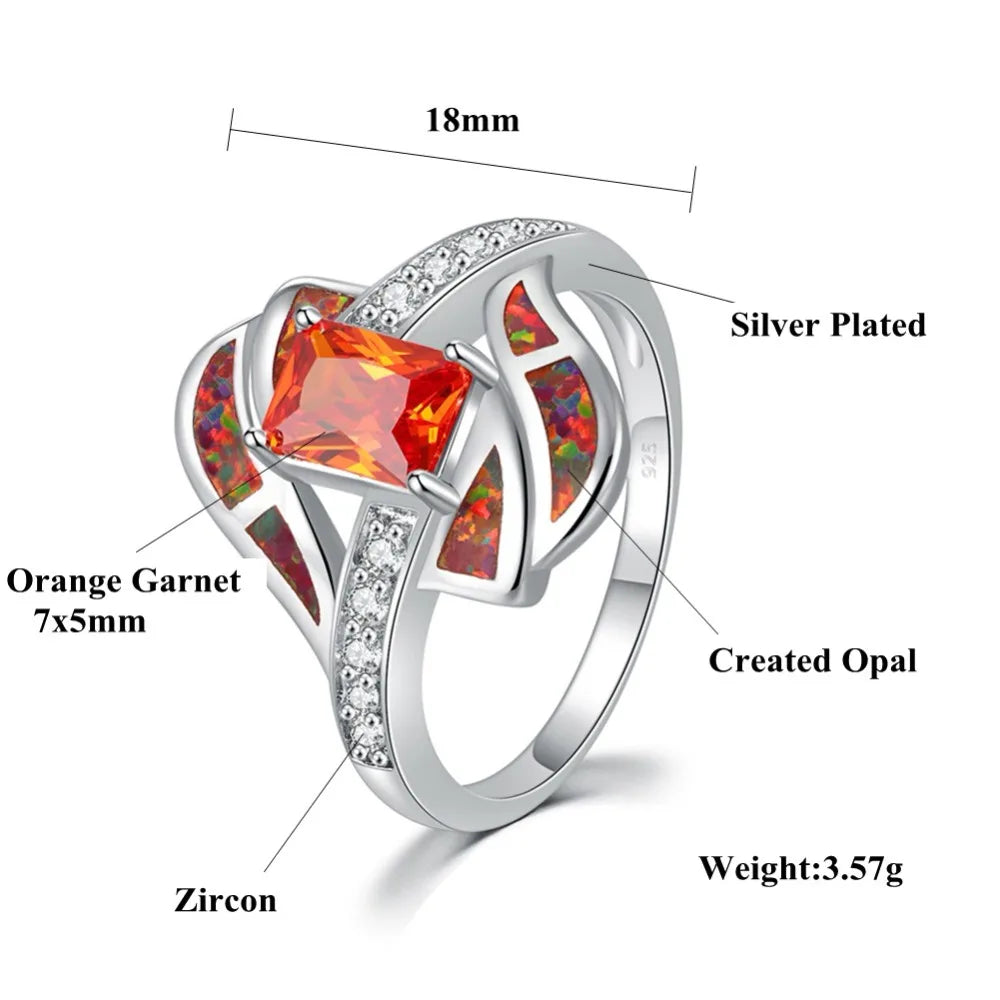 Fire Opal, Flower, Crystal and Cubic Zirconia Punk Wedding Engagement Ring