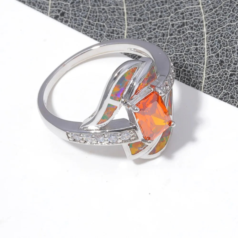 Fire Opal, Flower, Crystal and Cubic Zirconia Punk Wedding Engagement Ring