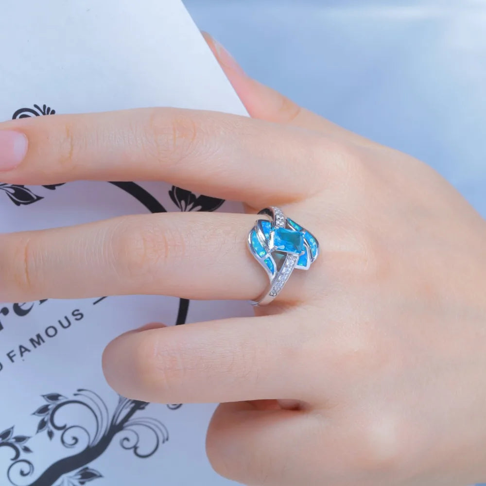 Fire Opal, Flower, Crystal and Cubic Zirconia Punk Wedding Engagement Ring