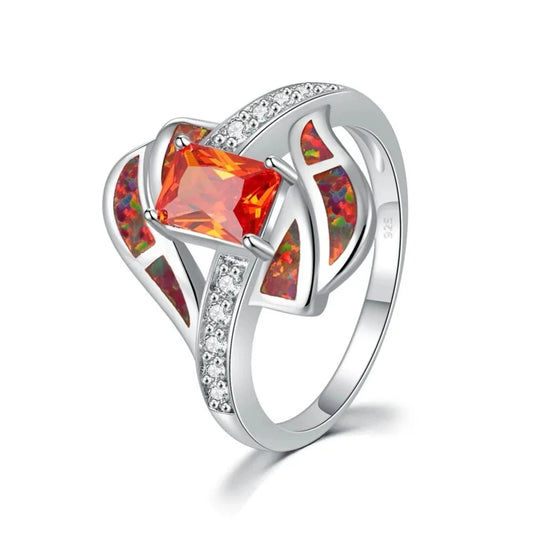 Fire Opal, Flower, Crystal and Cubic Zirconia Punk Wedding Engagement Ring