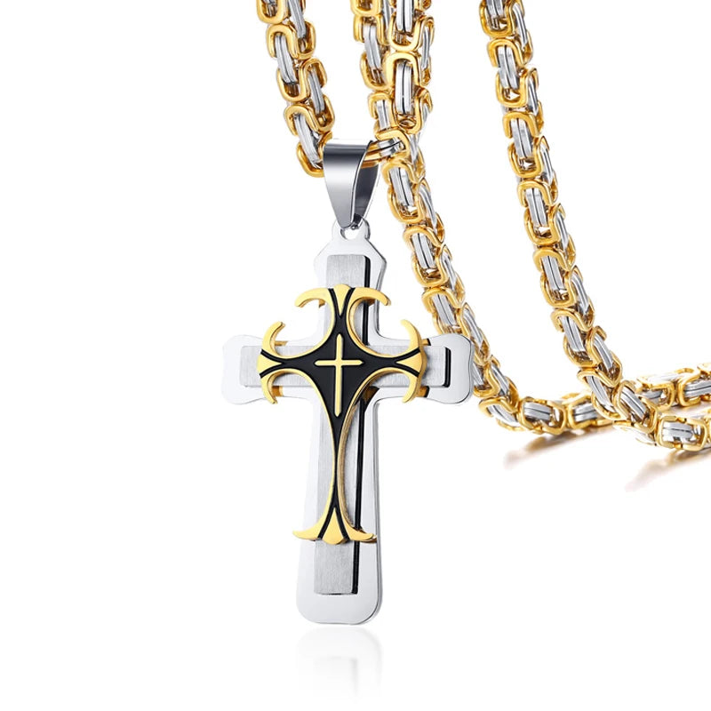 Three Tone Cross Pendant with Punk Byzantine Necklace