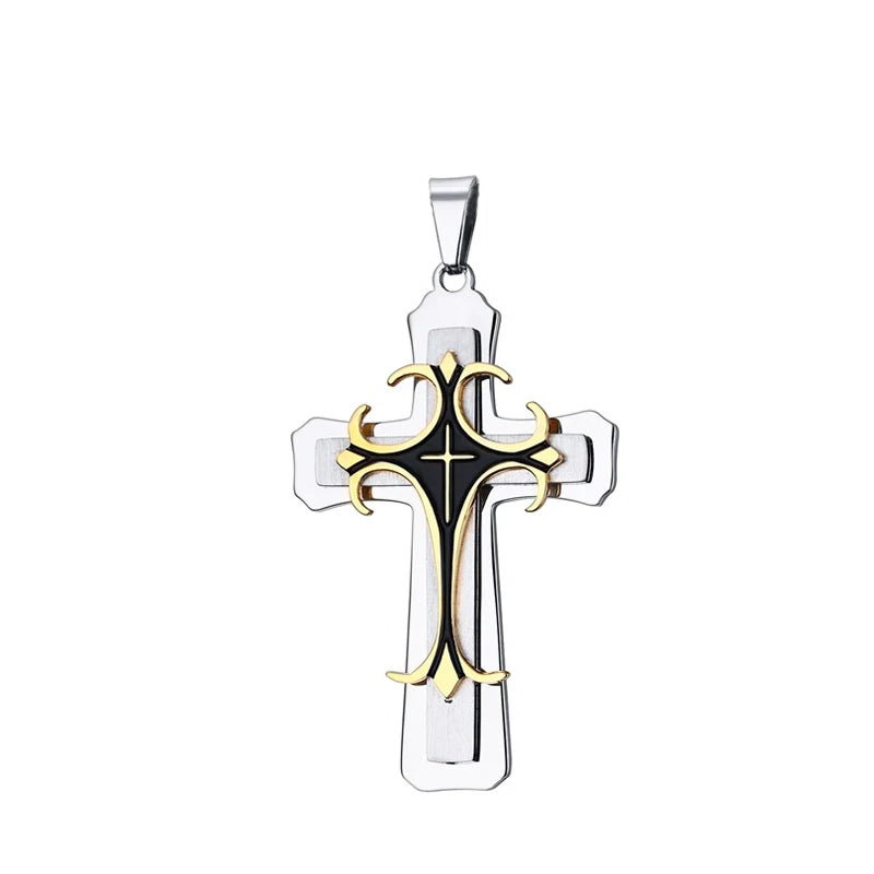 Three Tone Cross Pendant with Punk Byzantine Necklace