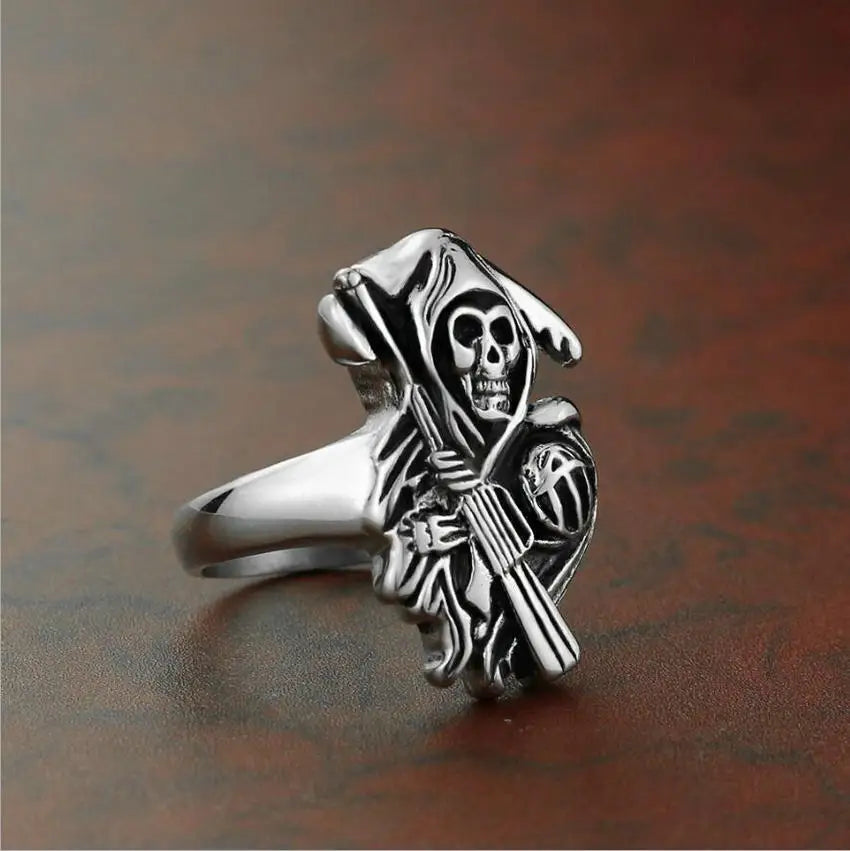 Stainless Steel Band Casted Grim Reaper Skull Biker Men Ring