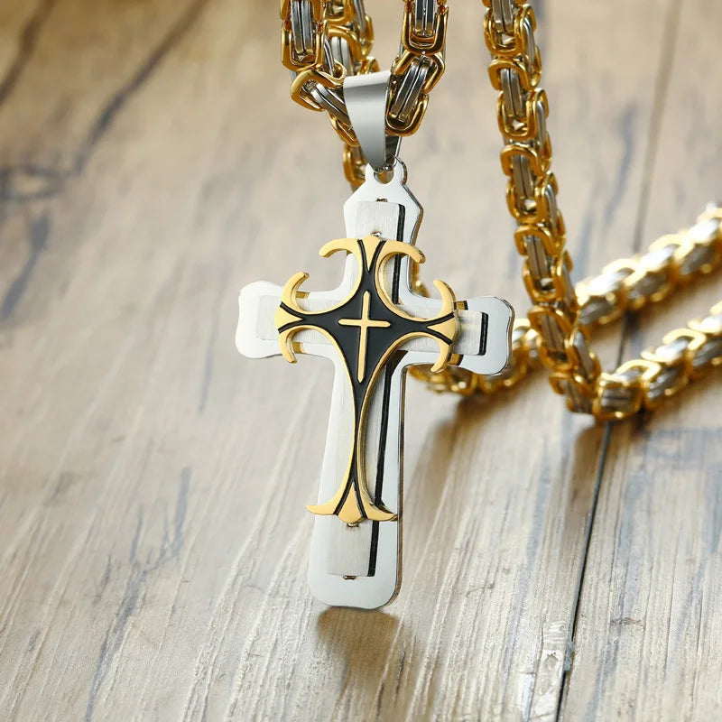 Three Tone Cross Pendant with Punk Byzantine Necklace
