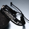 Men Women Leather Bracelet, 7-9 inch Adjustable Feather Bangle, Black Silver