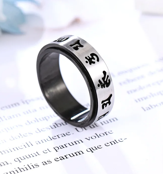 Tibetan Buddhist Six True Syllable Mantra Spinner Buddhism Religious Ring-Rings-Innovato Design-7-Innovato Design