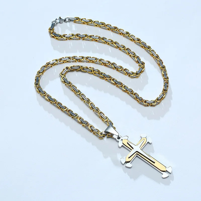 Stainless Steel Men Cross Necklace Pendant For Boys Byzantine Chain Black Gold