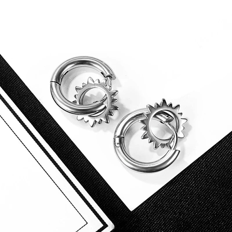 Stainless Steel Men Huggie Gear Hoop Stud Earrings Set