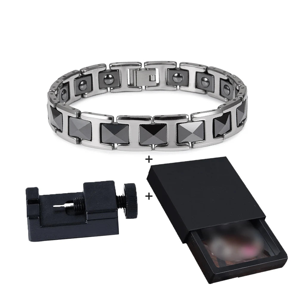 Men Ceramic Bracelet Black & Silver Magnetic Hematite Energy