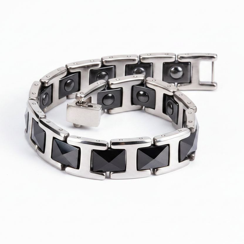 Men Ceramic Bracelet Black & Silver Magnetic Hematite Energy